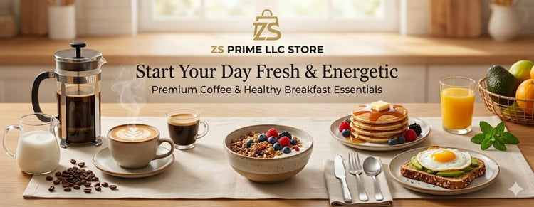 Breakfast setup with coffee, cereal, and fruits on a table with ZS Prime Store branding.