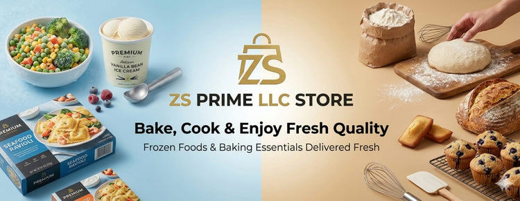 ZS Prime Store advertisement with frozen foods and baking essentials on a blue and beige background.