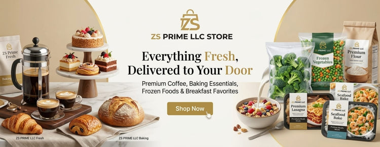 ZS Prime Store advertisement with various food items and packaging on a beige background.